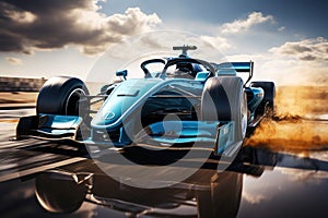 blue racing car is moving fast on Formula One track