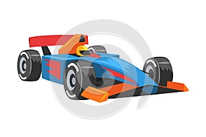 Blue Racing Car on Pit Stop, Fast Motor Racing Bolid Cartoon Vector Illustration