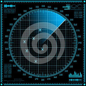 Blue radar screen. HUD interface.