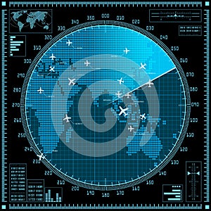 Blue radar screen with planes and world map