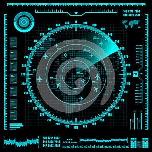 Blue radar screen with planes and world map. Vector EPS10.