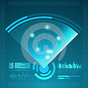 Blue radar screen. Vector illustration for your design. Technology background. Futuristic user interface. HUD.