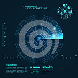 Blue radar screen. Vector illustration for your design. Technology background. Futuristic user interface. HUD.