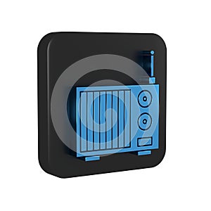 Blue Radio with antenna icon isolated on transparent background. Black square button.
