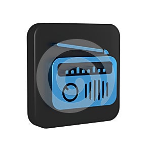 Blue Radio with antenna icon isolated on transparent background. Black square button.