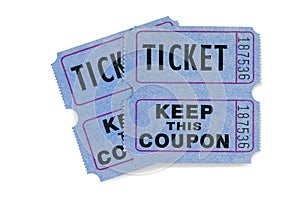 Blue raffle tickets with coupon attached, white background