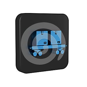 Blue Railway carriage icon isolated on transparent background. Black square button.