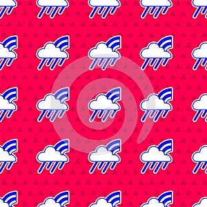 Blue Rainbow with cloud and rain icon isolated seamless pattern on red background. Vector