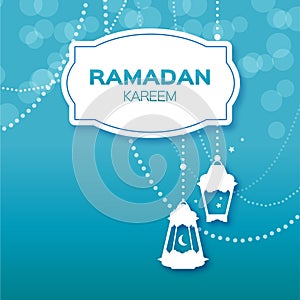 Blue Ramadan Kareem celebration greeting card. Hanging arabic lamps, stars and crescent moon.