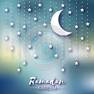 Blue Ramadan Kareem celebration greeting card. Stars and crescent moon.