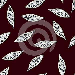 Blue random geometric leaf seamless pattern in contrast colors. Dark brown background. Botany print