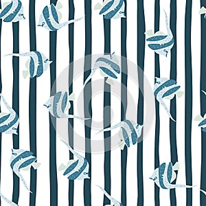 Blue random imperial angelfish seamless pattern in hand drawn stylistic. White striped background