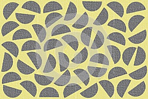 Blue random semicircles on yellow background. Canvas texture. Abstract geometric pattern in retro style for fabric textile decor