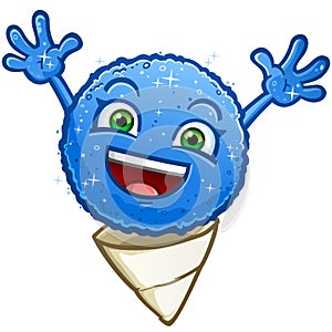 A blue raspberry flavored snowcone cartoon character with his arms out ready for a big cold hug