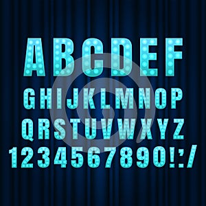 Blue Realistic retro gold lamp font letters. Broadway style light bulb alphabet in vintage casino and slots style