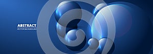 Blue realistic vector 3d spheres and balls on a wide blue background. Abstract modern banner geometric three-dimensional
