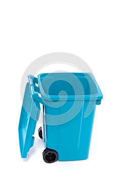 A blue recycle bin