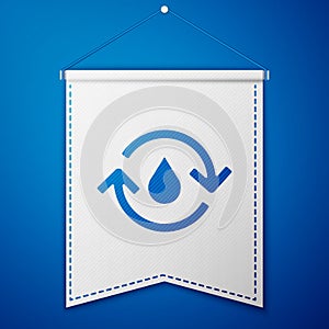 Blue Recycle clean aqua icon  on blue background. Drop of water with sign recycling. White pennant template
