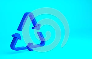 Blue Recycle symbol icon isolated on blue background. Circular arrow icon. Environment recyclable go green. Minimalism concept. 3d