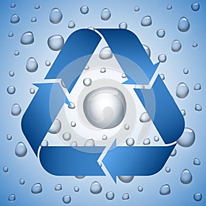 Blue recycle symbol on wet background