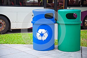 Blue Recycling Bin collects recyclables or recycled material like glass bottles, jars, cartons, plastic bottles and cans. Green