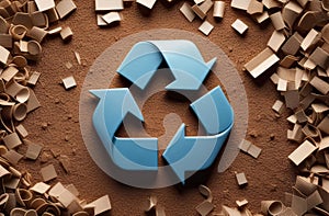 A blue recycling symbol embraces brown cardboard pieces in an urban design