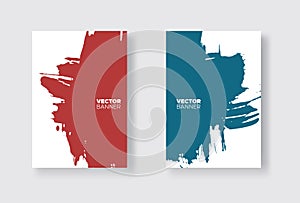 Blue and red abstract design set. Ink paint on brochure, Monochrome element isolated on white.