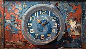 A blue and red analog clock with wood font is on the wall