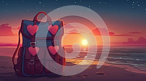 Heart-adorned backpack on beach at twilight photo
