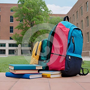 blue red backpack and some education books in front of school yard