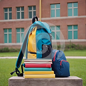 blue red backpack and some education books in front of school yard