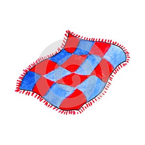 Blue and red blanket by watercolors on white background. Tartan plaid for bed.