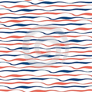 Blue and red brushstroke style wavy lines in horizontal design. Seamless geometric vector pattern on white background