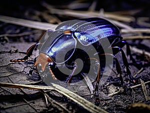 A blue and red bug is on the ground