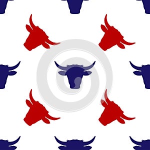 Blue and red bull or cow icon isolated seamless pattern on white background. Vector