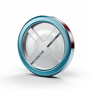 a blue and red button on a white background