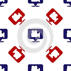 Blue and red Camera and location pin icon isolated seamless pattern on white background. Vector