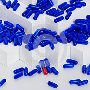 Blue and red capsule pills on white background, healthcare medical concept, antibiotics and cure, 3d render