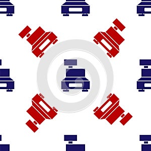 Blue and red Cash register machine with a check icon isolated seamless pattern on white background. Cashier sign