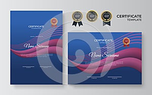 Blue and red certificate of achievement template with gold badge and border