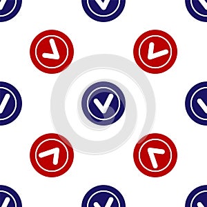Blue and red Check mark in round icon isolated seamless pattern on white background. Check list button sign. Vector
