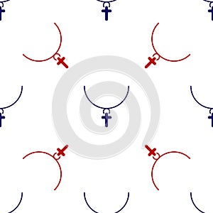 Blue and red Christian cross on chain icon isolated seamless pattern on white background. Church cross. Vector