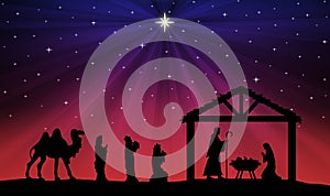 Blue-red Christmas greeting card banner background with Nativity Scene in the desert.