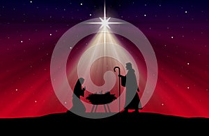 Blue and red Christmas greeting card banner background with Nativity Scene in the desert