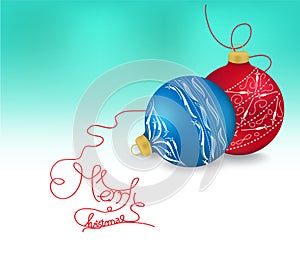 Blue and red christmas ornaments on bright holiday background with copy space. Merry christmas card. Winter holidays. Xmas theme