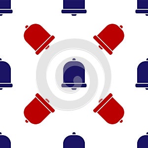 Blue and red Church bell icon isolated seamless pattern on white background. Alarm symbol, service bell, handbell sign