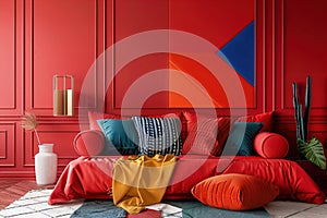 Blue and red contemporary bedroom interior design, vivid colors, trendy home decor 2024 in daylight