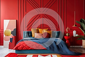 Blue and red contemporary bedroom interior design, vivid colors, trendy home decor 2024 in daylight