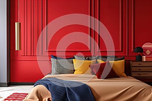 Blue and red contemporary bedroom interior design, vivid colors, trendy home decor 2024 in daylight