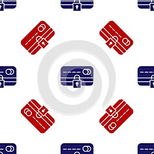 Blue and red Credit card with lock icon isolated seamless pattern on white background. Locked bank card. Security